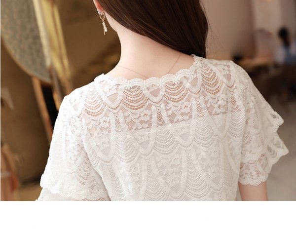 Net Red Fashion Fashion Foreign Style Summer New White Xianqi Top Temperament Hollow Out Chiffon Lace Shirt Short Sleeve