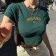 American Retro Dark Green Letter Embroidery Short Short Sleeve