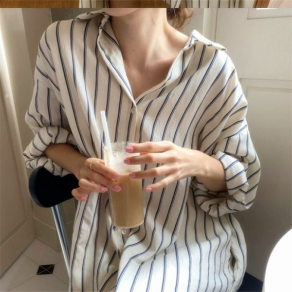 Striped Slimming Mid-length Drop-shoulder Sleeve Shirt Dress